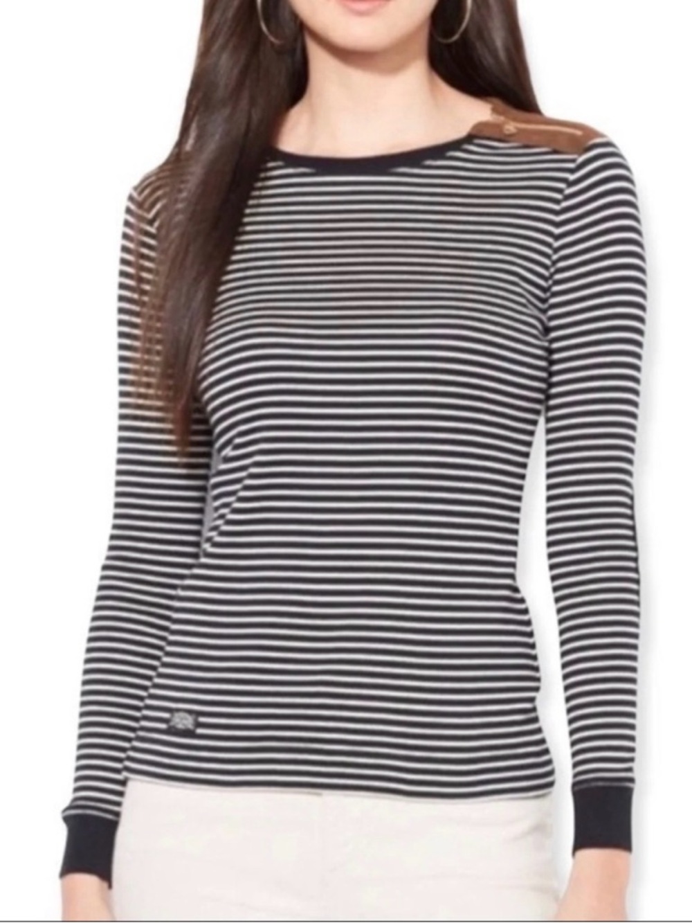 Ralph Lauren Equestrian Long Sleeve Striped Shirt w Elbow Patches Women’s Sz L
